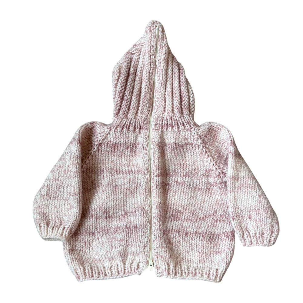 Handmade Pink Variegated Chunky Knit Zip Up Hoodie Cable Detail Kids Sweater